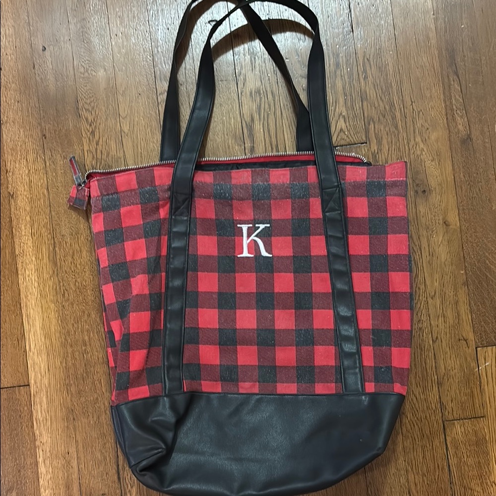 “K” Initial Plaid Tote Bag with Black Accents, Zippers Closed, Good Condition